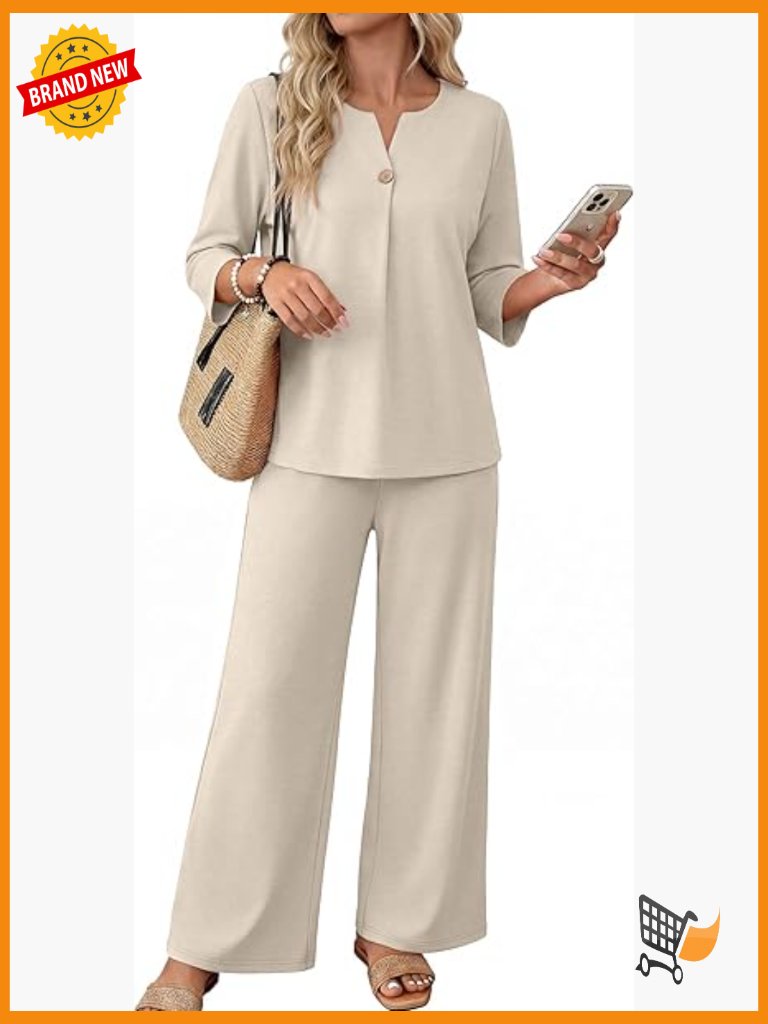 3/4 Sleeve Lounge Set High Waist Wide Leg Pants Travel Outfit